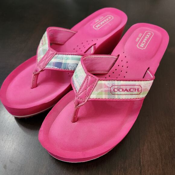 Coach Jaicee Poppy Beach Plaid Pink Wedge Flip Flop Sandals Size 6 - Picture 2 of 6